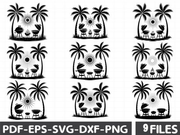 Beach BBQ Sunset Palm Graphics & Illustrations